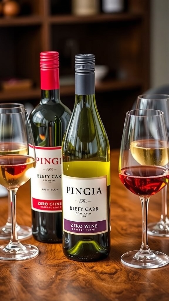 Selection of zero carb wines including red, white, and sparkling varieties on a wooden table.